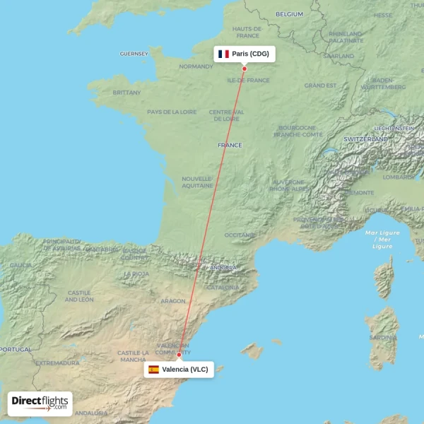 Paris - Valencia direct flight map