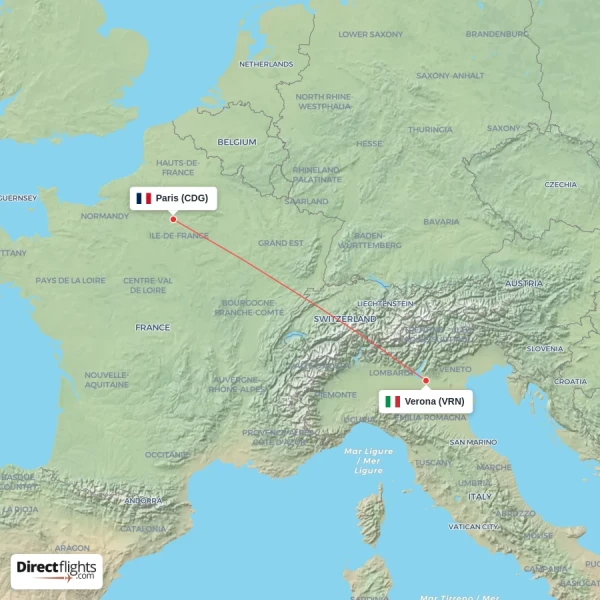 Paris - Verona direct flight map