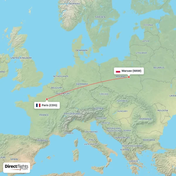 Paris - Warsaw direct flight map