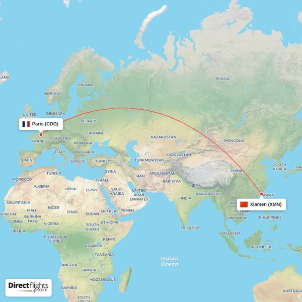 Paris - Xiamen direct flight map