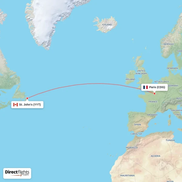 Paris - St. John's direct flight map