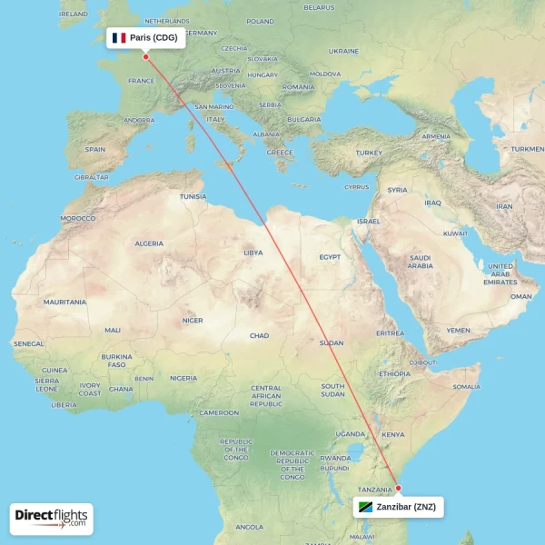 Paris - Zanzibar direct flight map