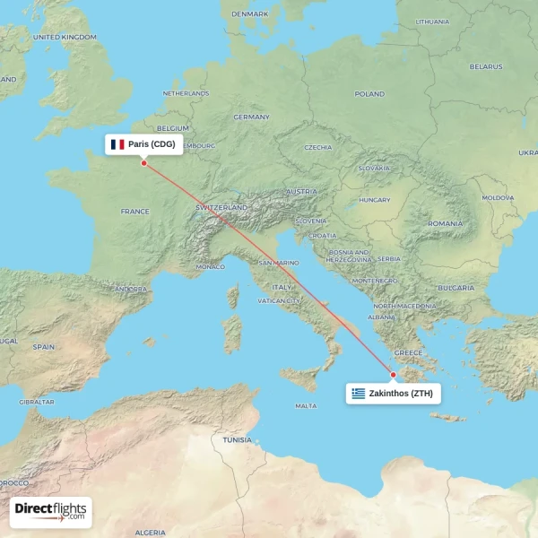 Paris - Zakinthos direct flight map