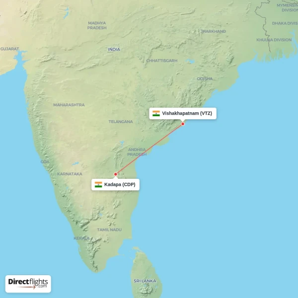 Kadapa - Vishakhapatnam direct flight map