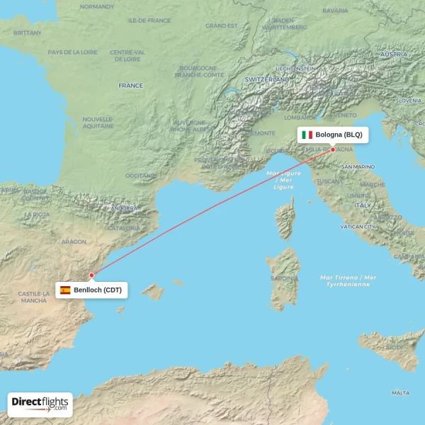 Benlloch - Bologna direct flight map