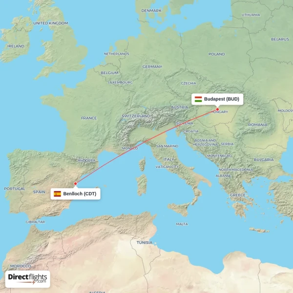 Benlloch - Budapest direct flight map