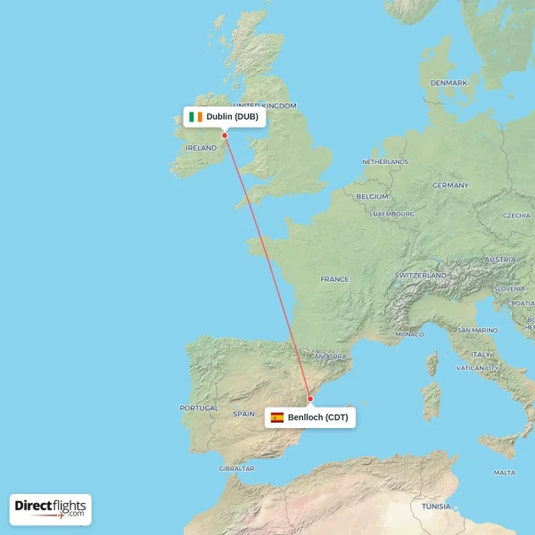 Benlloch - Dublin direct flight map