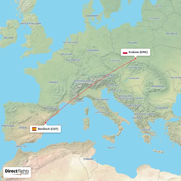 Benlloch - Krakow direct flight map