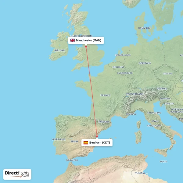 Benlloch - Manchester direct flight map