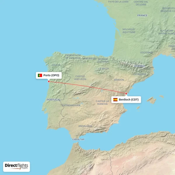 Benlloch - Porto direct flight map