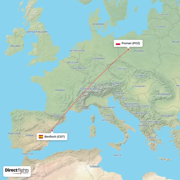 Benlloch - Poznan direct flight map