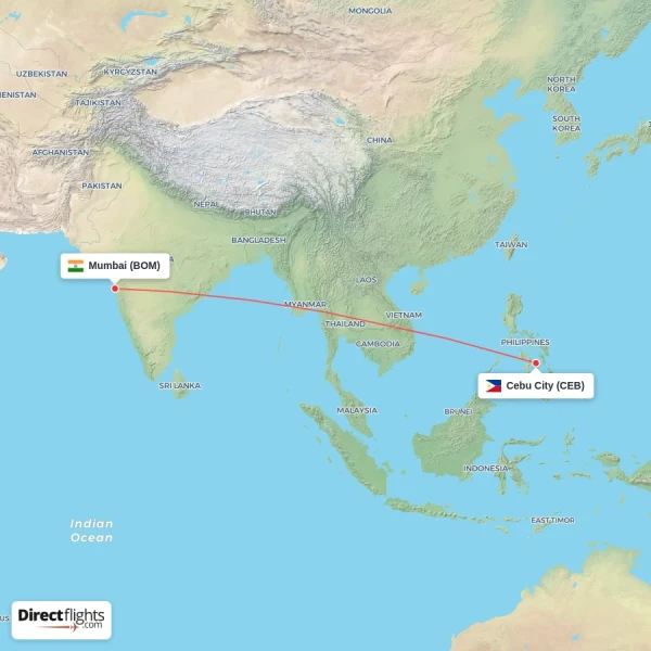 Cebu City - Mumbai direct flight map