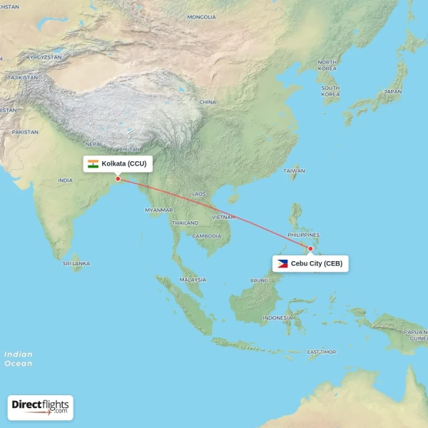 Cebu City - Kolkata direct flight map