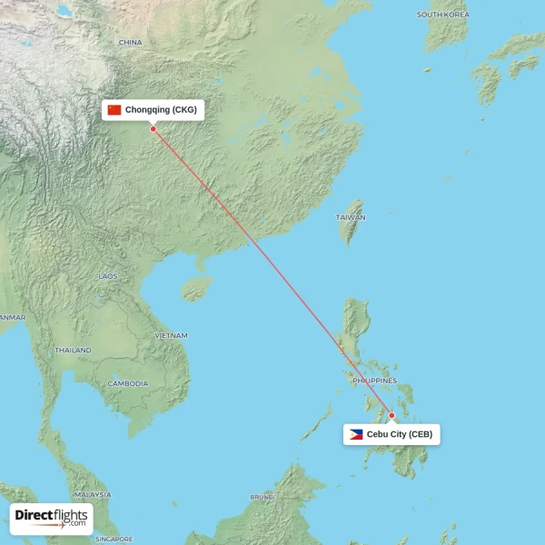 Cebu City - Chongqing direct flight map