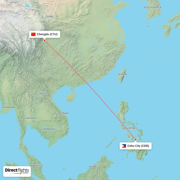 Cebu City - Chengdu direct flight map