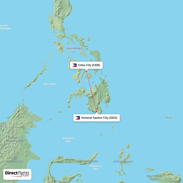 Cebu City - General Santos City direct flight map