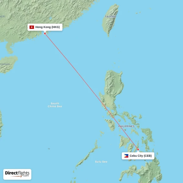 Cebu City - Hong Kong direct flight map