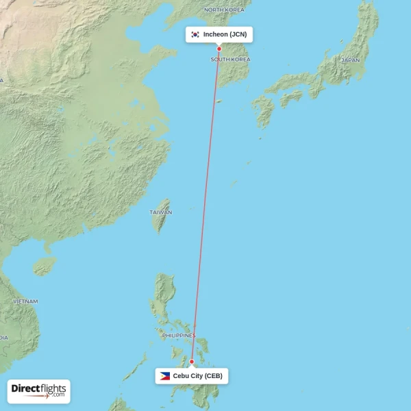 Cebu City - Incheon direct flight map