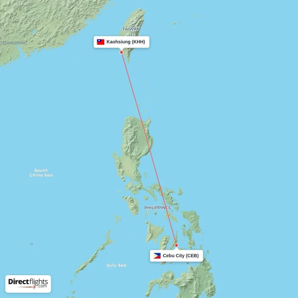 Cebu City - Kaohsiung direct flight map