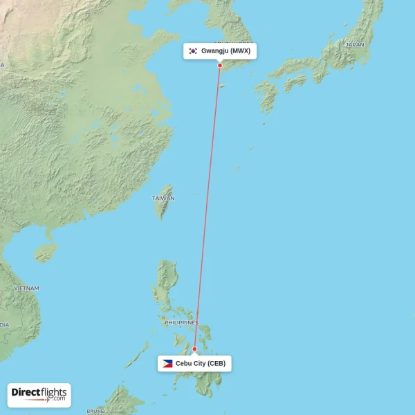 Cebu City - Gwangju direct flight map