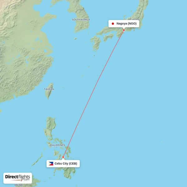 Cebu City - Nagoya direct flight map