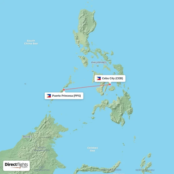 Cebu City - Puerto Princesa direct flight map