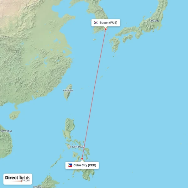 Cebu City - Busan direct flight map