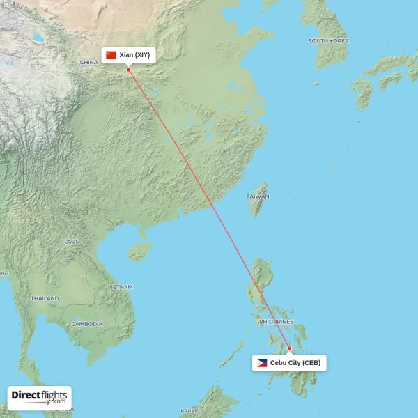 Cebu City - Xian direct flight map