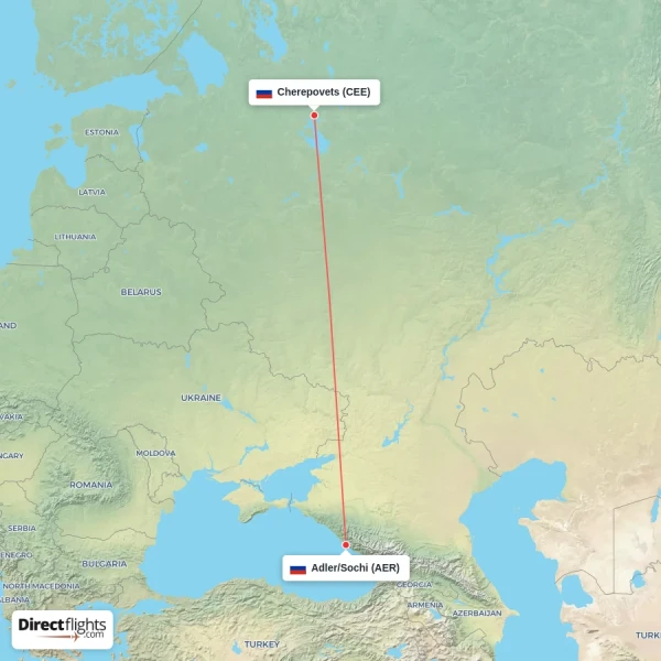 Cherepovets - Adler/Sochi direct flight map