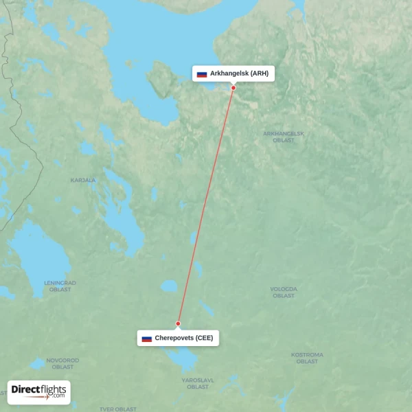 Cherepovets - Arkhangelsk direct flight map