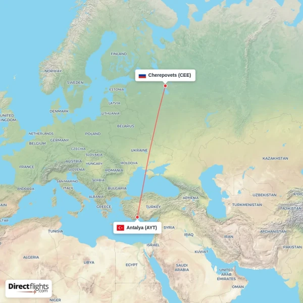 Cherepovets - Antalya direct flight map