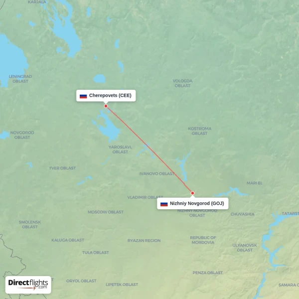 Cherepovets - Nizhniy Novgorod direct flight map