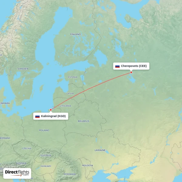 Cherepovets - Kaliningrad direct flight map