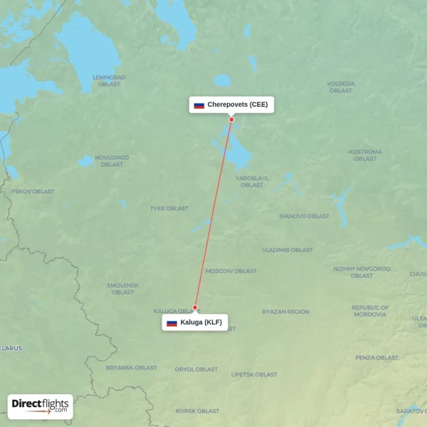 Cherepovets - Kaluga direct flight map