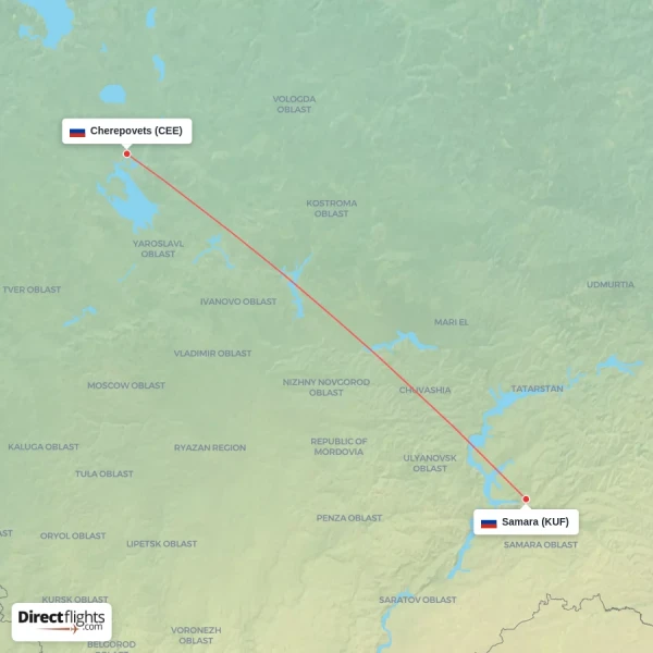 Cherepovets - Samara direct flight map