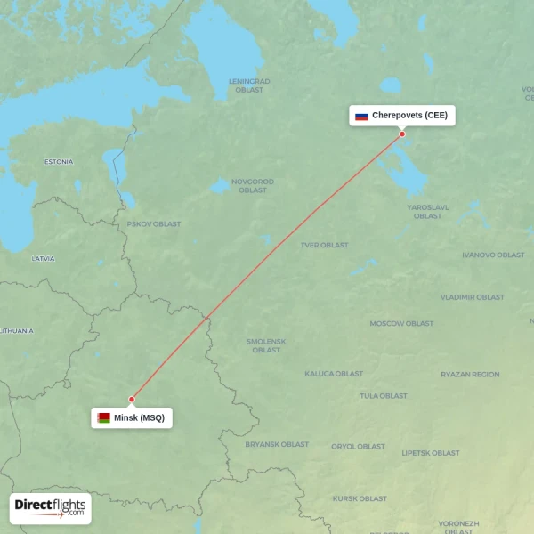 Cherepovets - Minsk direct flight map