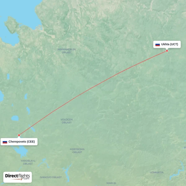 Cherepovets - Ukhta direct flight map