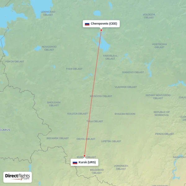 Cherepovets - Kursk direct flight map