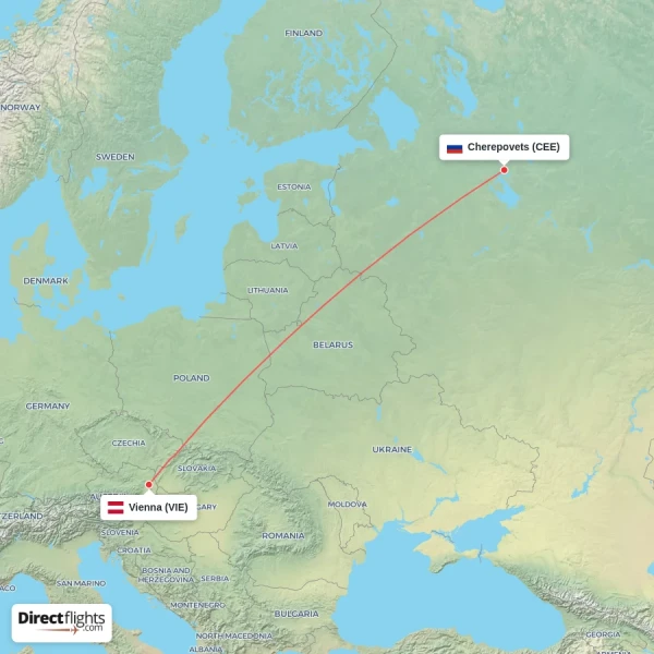 Cherepovets - Vienna direct flight map