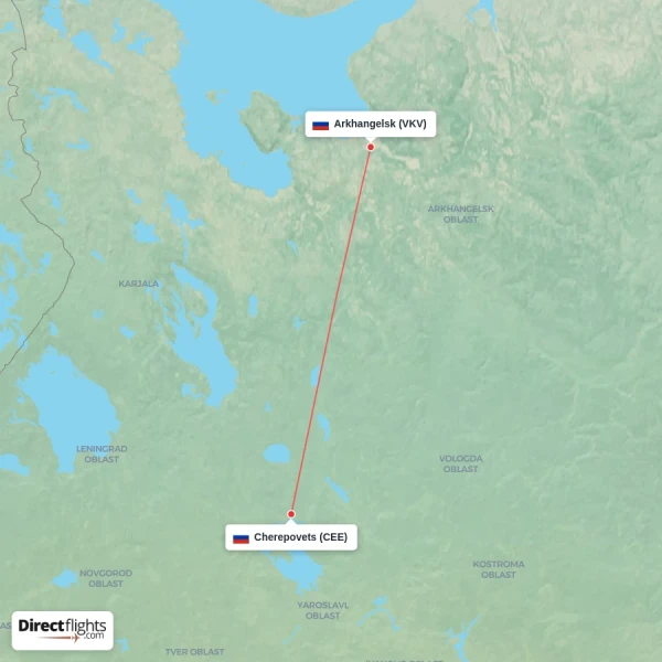Cherepovets - Arkhangelsk direct flight map