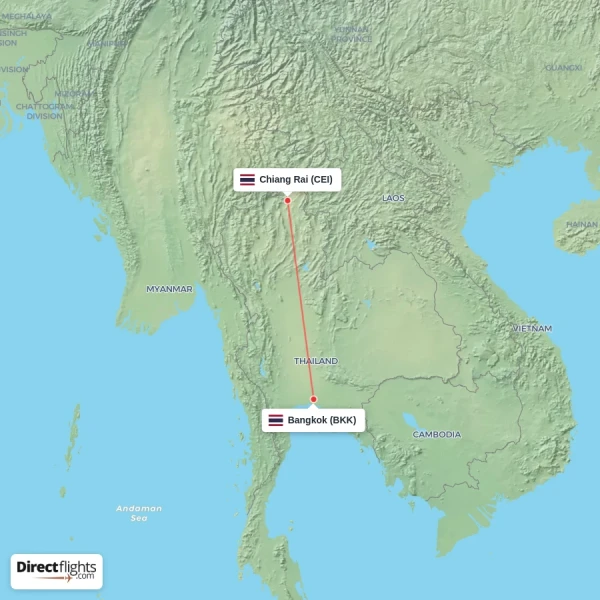 Chiang Rai - Bangkok direct flight map