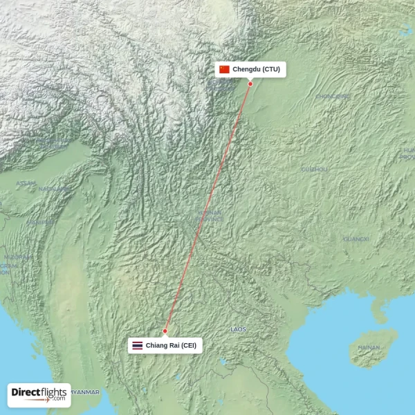 Chiang Rai - Chengdu direct flight map