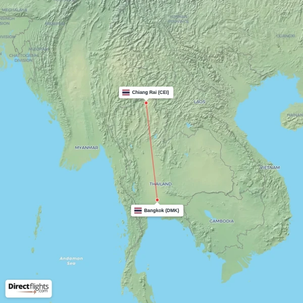 Chiang Rai - Bangkok direct flight map