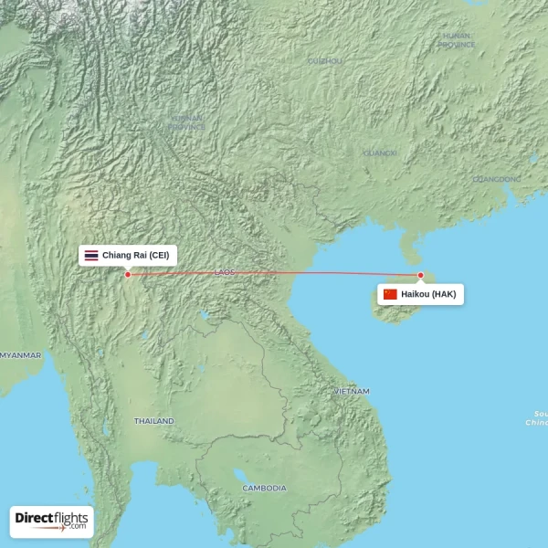 Chiang Rai - Haikou direct flight map