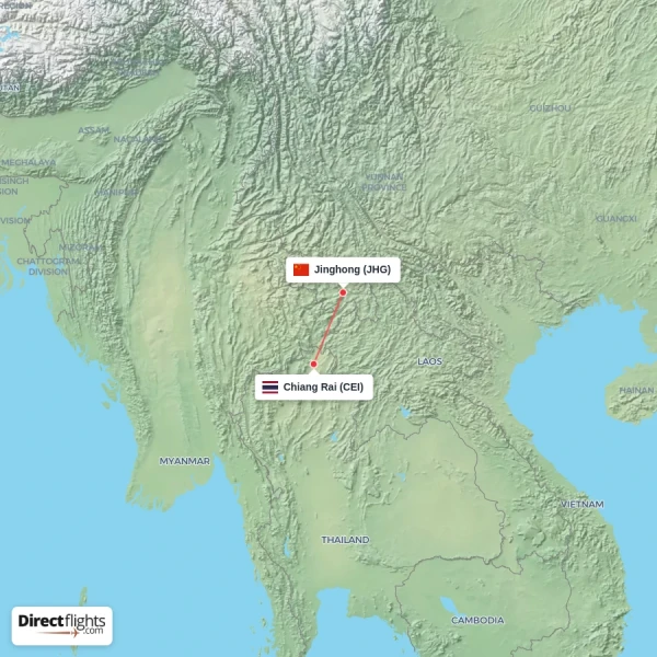 Chiang Rai - Jinghong direct flight map