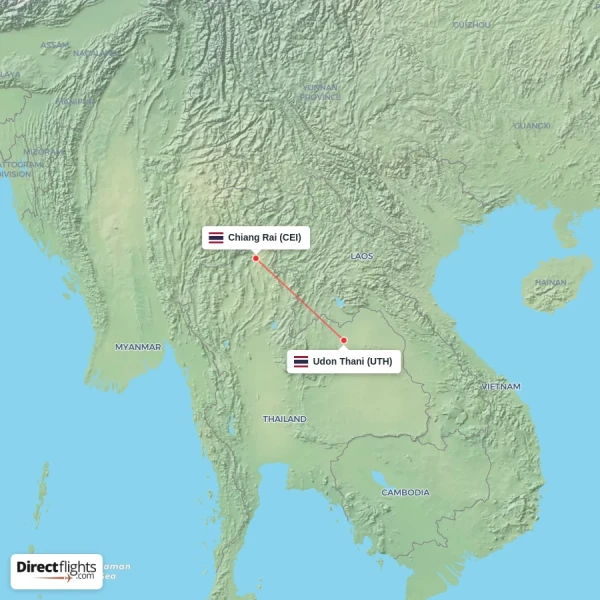 Chiang Rai - Udon Thani direct flight map