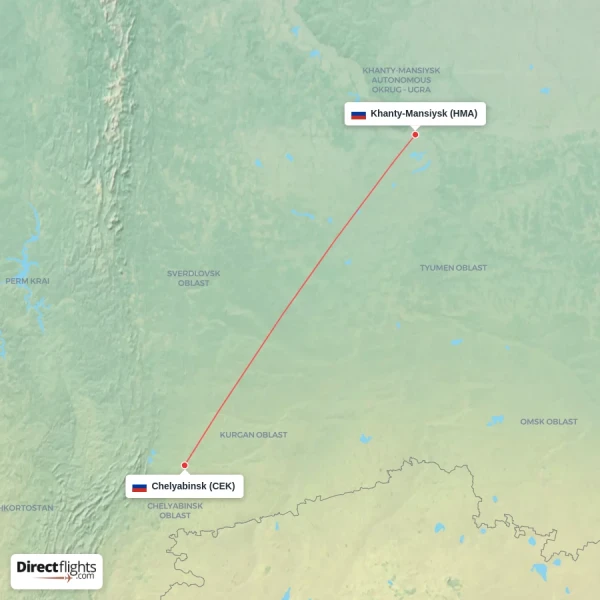 Chelyabinsk - Khanty-Mansiysk direct flight map