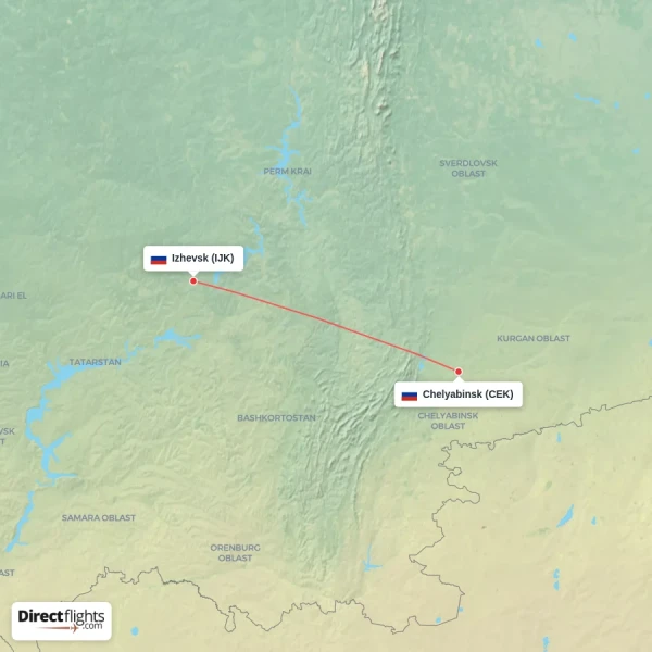 Chelyabinsk - Izhevsk direct flight map