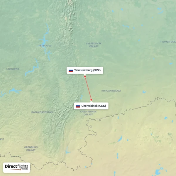 Chelyabinsk - Yekaterinburg direct flight map