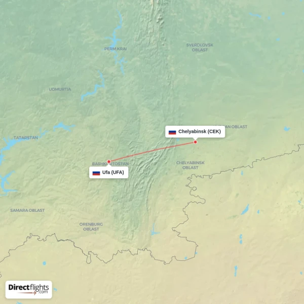 Chelyabinsk - Ufa direct flight map
